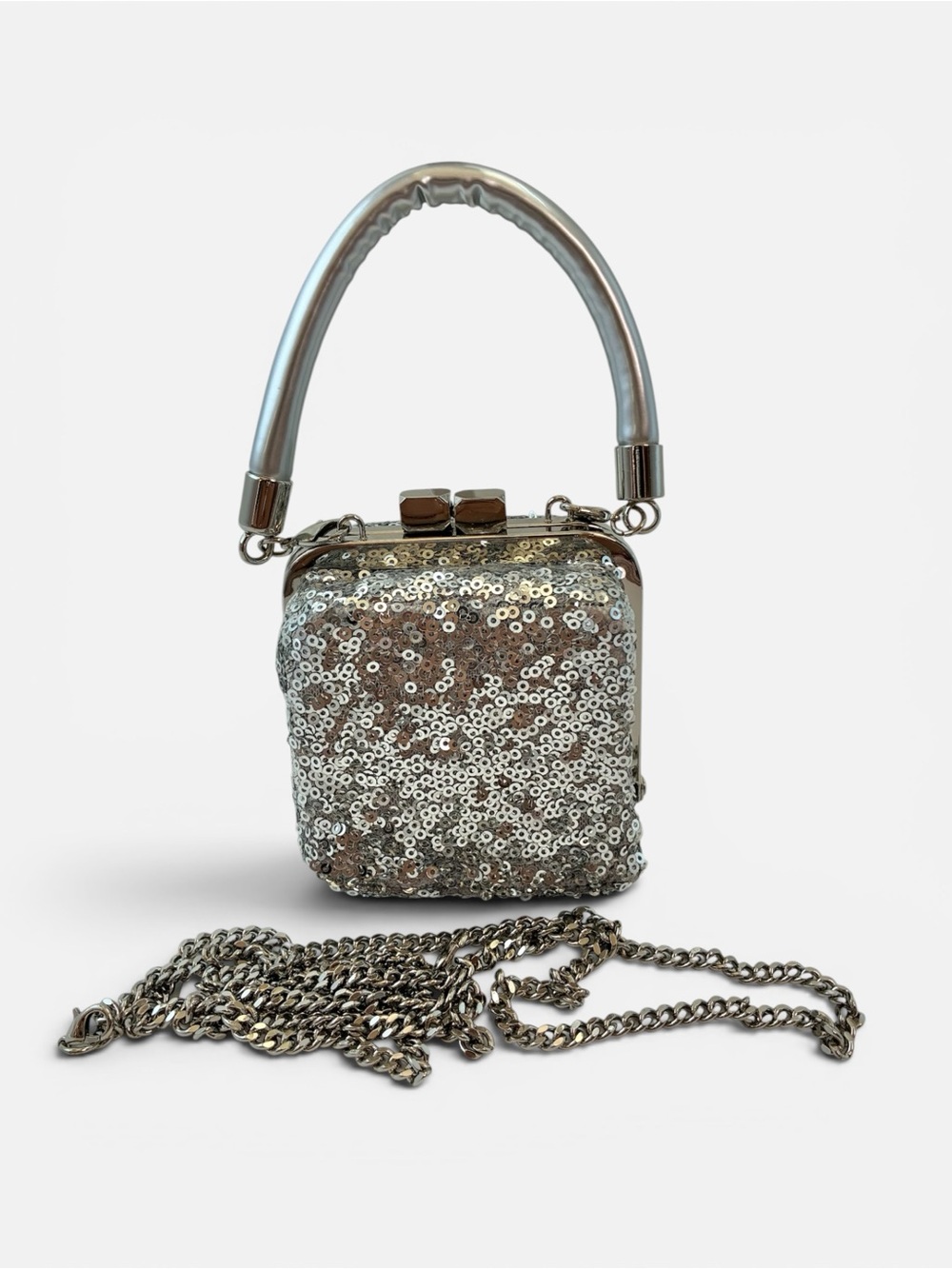 Silver Sequin Mini Top-Handle Bag with Chain Strap